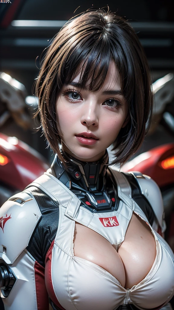 masterpiece, Highest quality, Ultra-realistic, Ultra-detailed, ((8K resolution:1.2)), RAW Photos, Sharp focus, (One girl), alone, ((Gorgeous face:1.2)), Perfect body, Mature Woman, Age 25,  Portraiture, Mecha, White and Red Armor, Nanosuit, sexy, Messy Hair, Cinematic, Cinematic light, ((Natural big breasts:1.4)),((Upper Body))