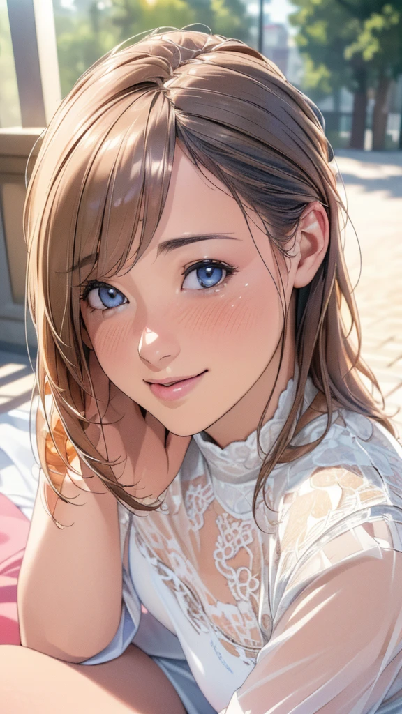 (best quality,4k,8k,highres,masterpiece:1.2),ultra-detailed,(realistic,photorealistic,photo-realistic:1.37),A girl,,blushing,light smile,sitting,outdoors,beautiful detailed eyes,beautiful detailed lips,extremely detailed eyes and face,long eyelashes,soft morning light,vibrant colors,delicate textures,subtle shadows