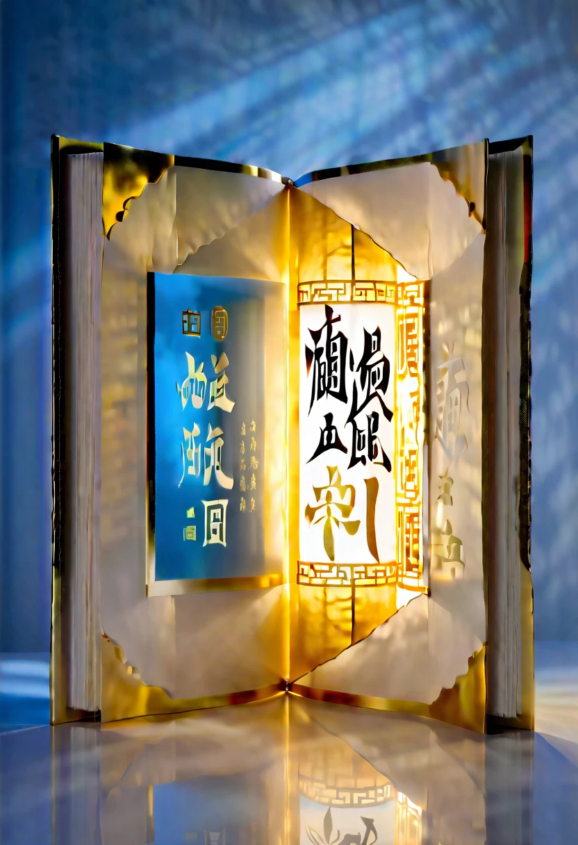  An unrolled ancient Chinese rice paper book, opened and placed, glass material, written with Chinese characters in gold, transparent, light blue, white, light gold, C4D, OC renderer, dreamlike, combined with the sense of the ancient and the future, three-dimensional ancient, bioluminescent, a beam of light, three-dimensional ancient, romantic ancient, light yellow, clean background, Zhao Wuji, Clear particles, clear light and shadow, real and virtual fields, ultra-high resolution, the overall composition is very artistic and spatial --ar 3:4
