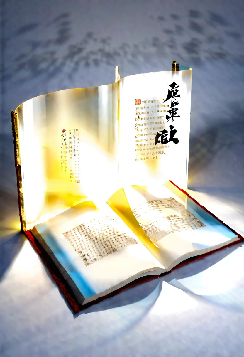 An unrolled ancient Chinese rice paper book, opened and placed, glass material, written with Chinese characters in gold, transparent, light blue, white, light gold, C4D, OC renderer, dreamlike, combined with the sense of the ancient and the future, three-dimensional ancient, bioluminescent, a beam of light, three-dimensional ancient, romantic ancient, light yellow, clean background, Zhao Wuji, Clear particles, clear light and shadow, real and virtual fields, ultra-high resolution, the overall composition is very artistic and spatial --ar 3:4