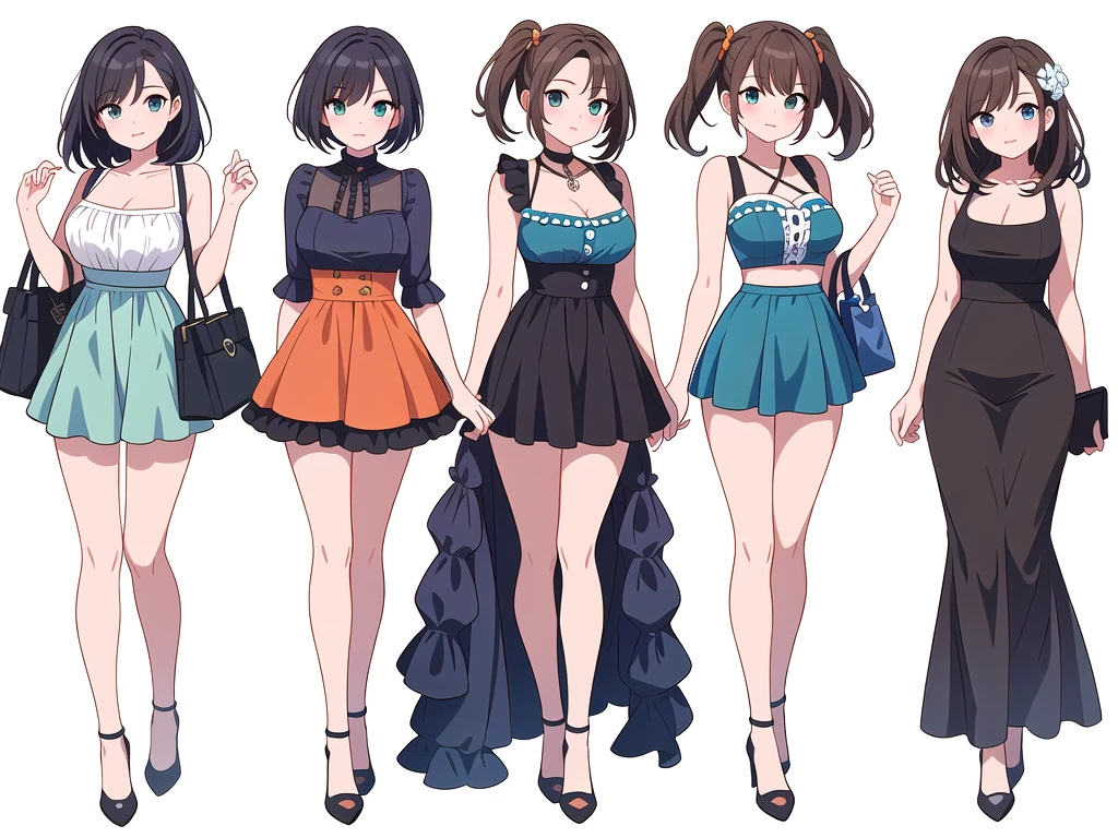 (((Best Quality))) , ((full body)), 4 lady, adult woman, multiple views, (((white background,))) variety of hairstyles, variety of fashion styles, seductive pose, fashionable and trendy atmosphere, holding bag, summer outfits, walk pose, dark blue/dark orange/dark green/dark violet/brown/white, short shorts, cleavage, frill,