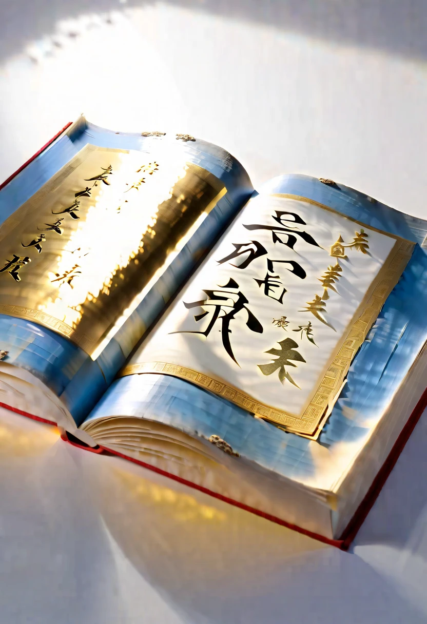  An unrolled ancient Chinese rice paper book, opened and placed, glass material, written with Chinese characters in gold, transparent, light blue, white, light gold, C4D, OC renderer, dreamlike, combined with the sense of the ancient and the future, three-dimensional ancient, bioluminescent, a beam of light, three-dimensional ancient, romantic ancient, light yellow, clean background, Zhao Wuji, Clear particles, clear light and shadow, real and virtual fields, ultra-high resolution, the overall composition is very artistic and spatial --ar 3:4
