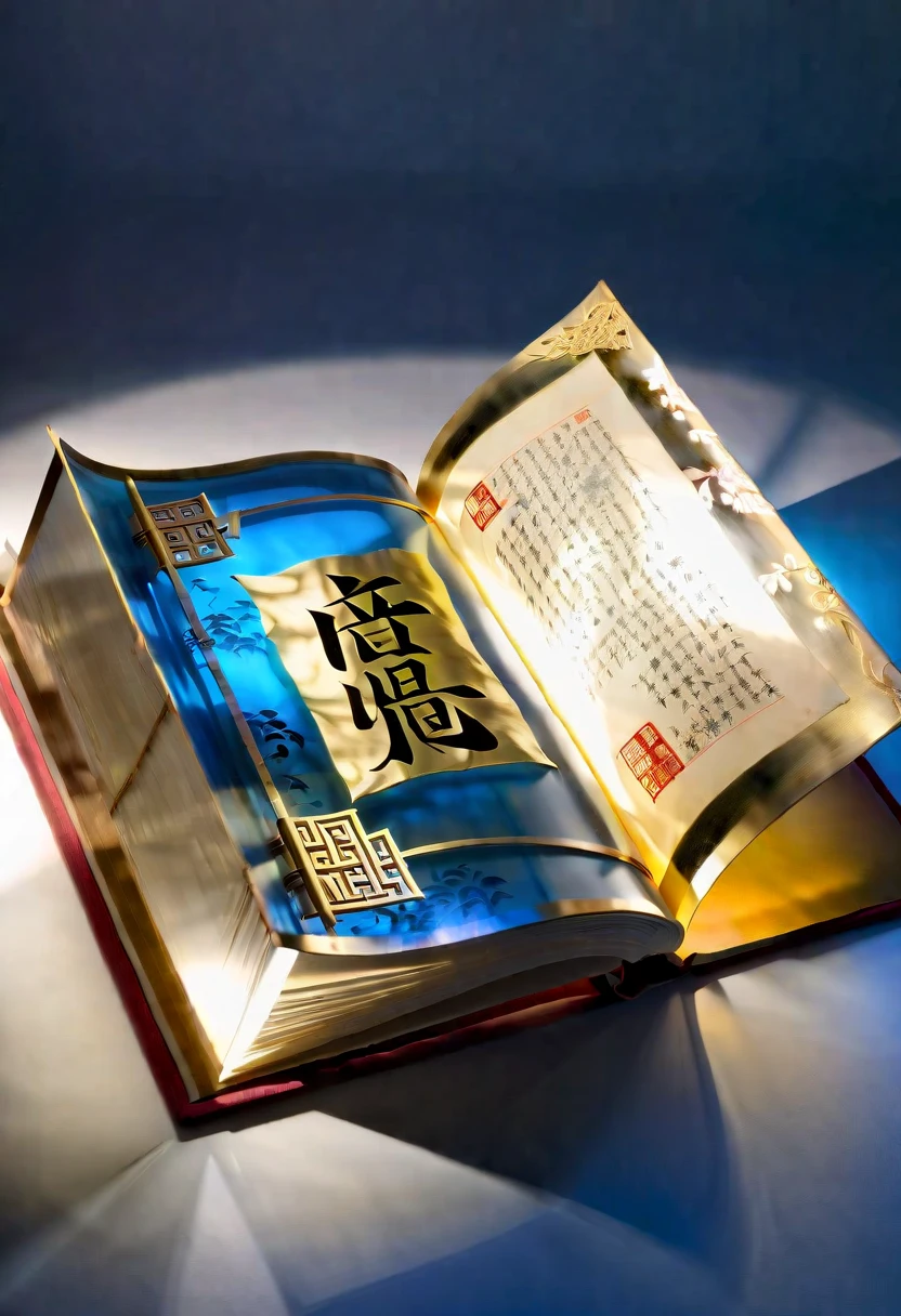 An unrolled ancient Chinese rice paper book, opened and placed, glass material, written with Chinese characters in gold, transparent, light blue, white, light gold, C4D, OC renderer, dreamlike, combined with the sense of the ancient and the future, three-dimensional ancient, bioluminescent, a beam of light, three-dimensional ancient, romantic ancient, light yellow, clean background, Zhao Wuji, Clear particles, clear light and shadow, real and virtual fields, ultra-high resolution, the overall composition is very artistic and spatial --ar 3:4