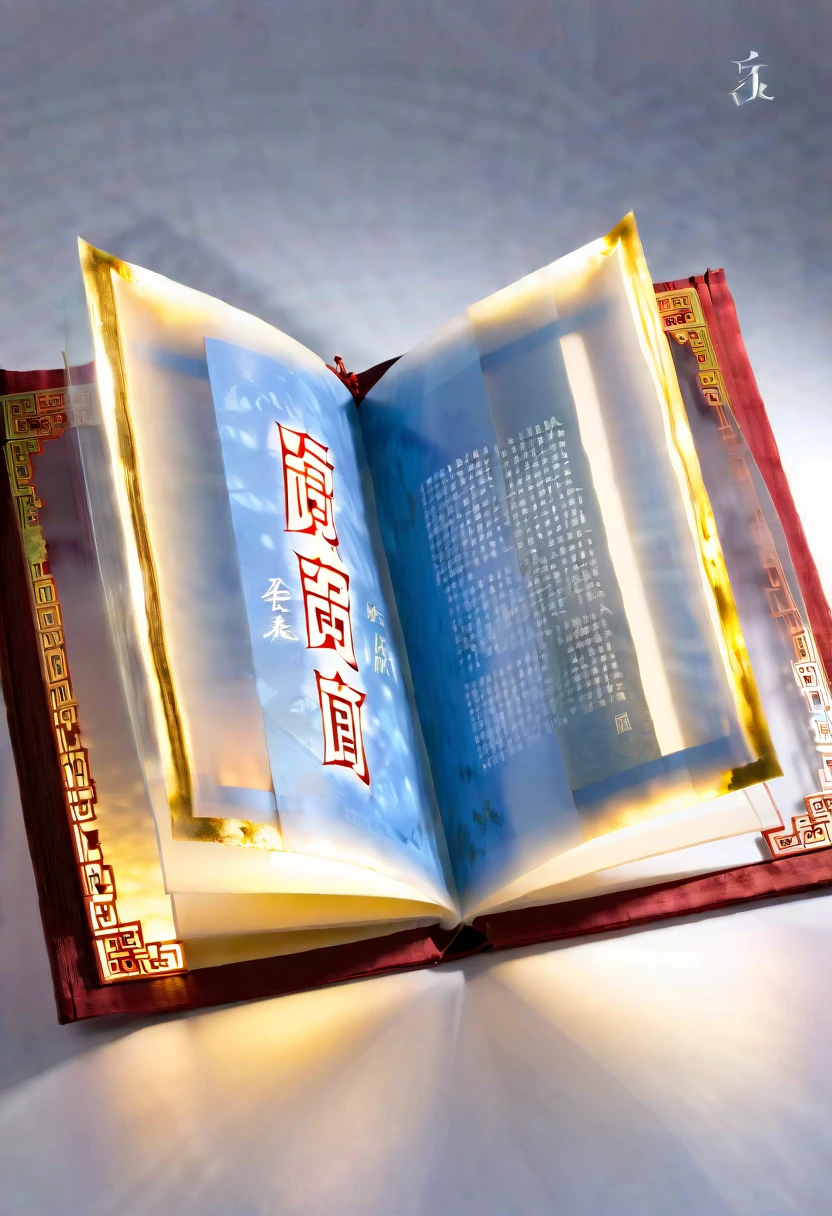An unrolled ancient Chinese rice paper book, opened and placed, glass material, written with Chinese characters in gold, transparent, light blue, white, light gold, C4D, OC renderer, dreamlike, combined with the sense of the ancient and the future, three-dimensional ancient, bioluminescent, a beam of light, three-dimensional ancient, romantic ancient, light yellow, clean background, Zhao Wuji, Clear particles, clear light and shadow, real and virtual fields, ultra-high resolution, the overall composition is very artistic and spatial --ar 3:4