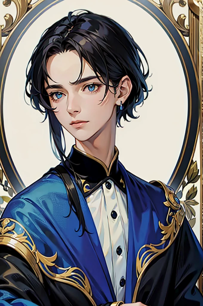 nobility, short black hair, velvet blue robes, closeup portrait