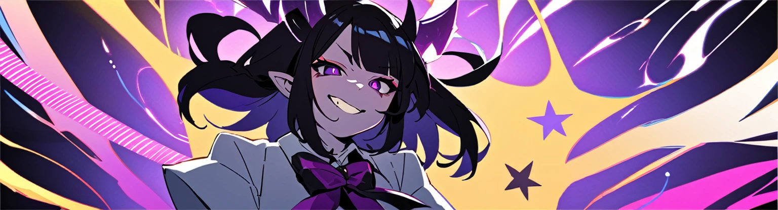 A girl with long black hair with straight bangs, with hair cut at the ends. Two large strands in the front, one bigger than the other. A rebel thread. A small white streak in your bangs. Two demon horns, one purple and one black, both with a dark purple star. one black eye and one purple eye. A purple star on your right cheek. black wide pants. All star shoe. Full white shirt with a bow tie with a star in the middle, with short sleeves. a big chest . Grinning. She is a star demon. She is standing looking at the camera. In one of his eyes a star in the black eye case, in the black eye and just black. Sex girl. Sex girl. One black eye and one purple eye