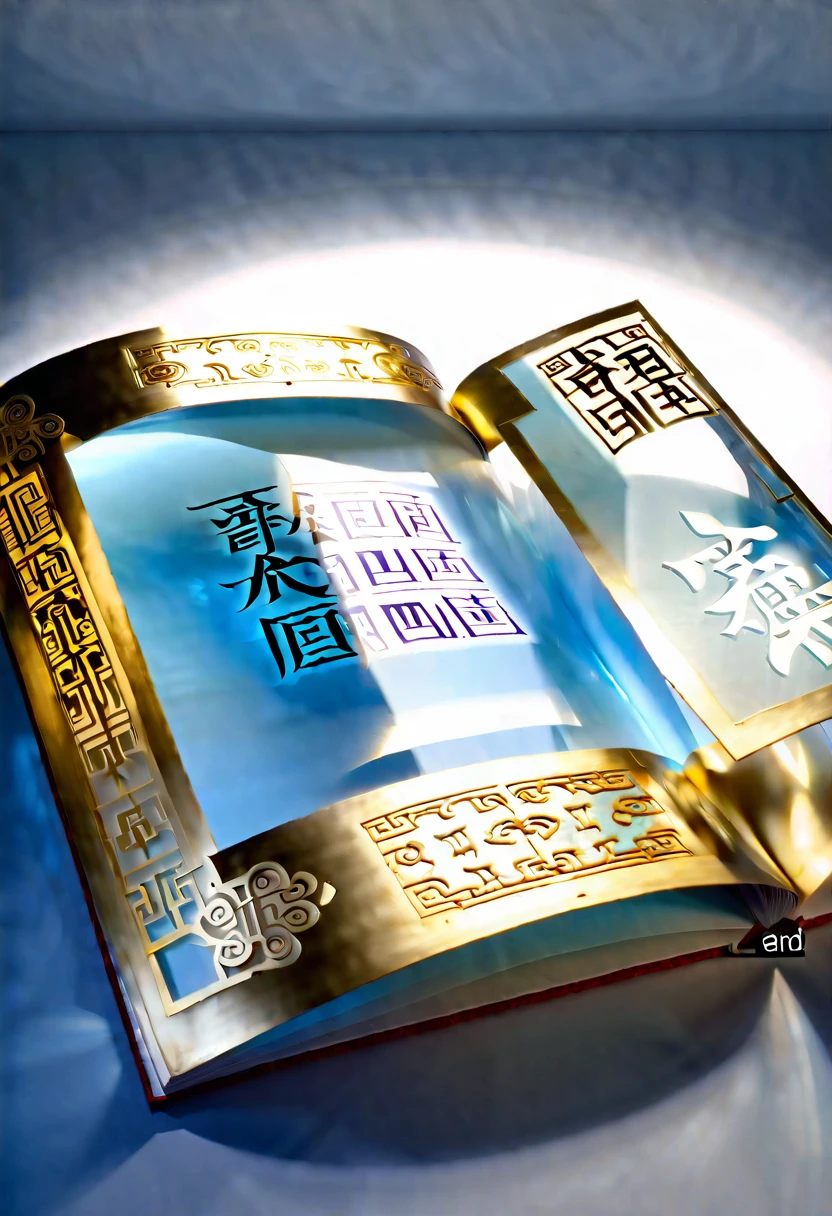 An unrolled ancient Chinese rice paper book, opened and placed, glass material, written with Chinese characters in gold, transparent, light blue, white, light gold, C4D, OC renderer, dreamlike, combined with the sense of the ancient and the future, three-dimensional ancient, bioluminescent, a beam of light, three-dimensional ancient, romantic ancient, light yellow, clean background, Zhao Wuji, Clear particles, clear light and shadow, real and virtual fields, ultra-high resolution, the overall composition is very artistic and spatial --ar 3:4