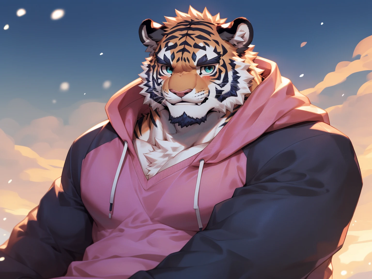 (Imagine:1.5), solitary, anthropology, hairy, hairy male, tiger, ((Fluffy fur, Fluffy, hairy body)), (Snow leopard print), (thick eyebrows), youth, muscular, The skin is white and big, Blue-gray pupils, Detailed teeth, , sideways, 害羞expression, 淡淡的Smile, blush, (動態posture:1.5), clear facial features, strong, majestic, solitary, panoramic, Fog atmosphere, early morning, Tyndall light effect, (author:ghost of emptiness, From Snow Leopard 20, masterpiece, high quality, High resolution,8K)Animal species**:tiger - **color**:black and white - **expression**:Smile,blush - **decorate**:Blue and pink wreath - **posture**:lying down,Hand reaching for the camera - **Scenes**:green grassland - **detail**:草原上有各式color的小花 - **visual angle**:俯視 - tiger躺在草地上,從俯visual angle度看過去。 - tiger的頭部微微傾斜,臉上帶著Smile,There is a slight blush on the cheeks。 - One hand reaches towards the camera,Seems to be greeting the audience。 - Wearing a wreath of blue and pink flowers on her head。 - 草地上有各種color的小花,background soft tones,Bright colors。(Pink sweatshirt:)Male Male Male Male