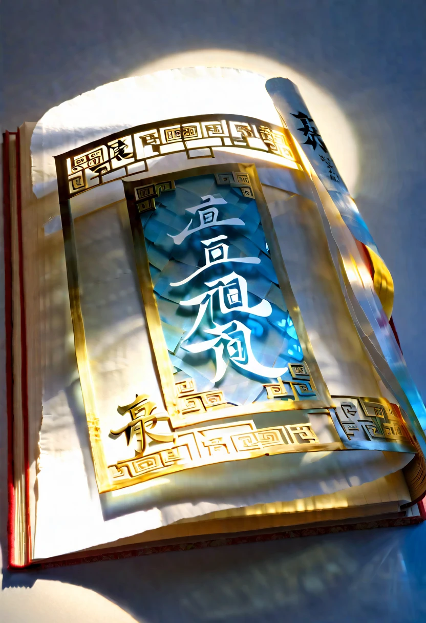  An unrolled ancient Chinese rice paper book, opened and placed, glass material, written with Chinese characters in gold, transparent, light blue, white, light gold, C4D, OC renderer, dreamlike, combined with the sense of the ancient and the future, three-dimensional ancient, bioluminescent, a beam of light, three-dimensional ancient, romantic ancient, light yellow, clean background, Zhao Wuji, Clear particles, clear light and shadow, real and virtual fields, ultra-high resolution, the overall composition is very artistic and spatial --ar 3:4
