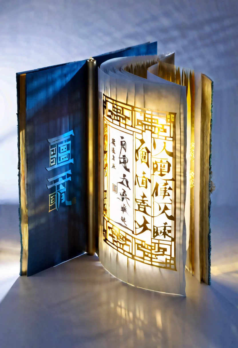  An unrolled ancient Chinese rice paper book, opened and placed, glass material, written with Chinese characters in gold, transparent, light blue, white, light gold, C4D, OC renderer, dreamlike, combined with the sense of the ancient and the future, three-dimensional ancient, bioluminescent, a beam of light, three-dimensional ancient, romantic ancient, light yellow, clean background, Zhao Wuji, Clear particles, clear light and shadow, real and virtual fields, ultra-high resolution, the overall composition is very artistic and spatial --ar 3:4
