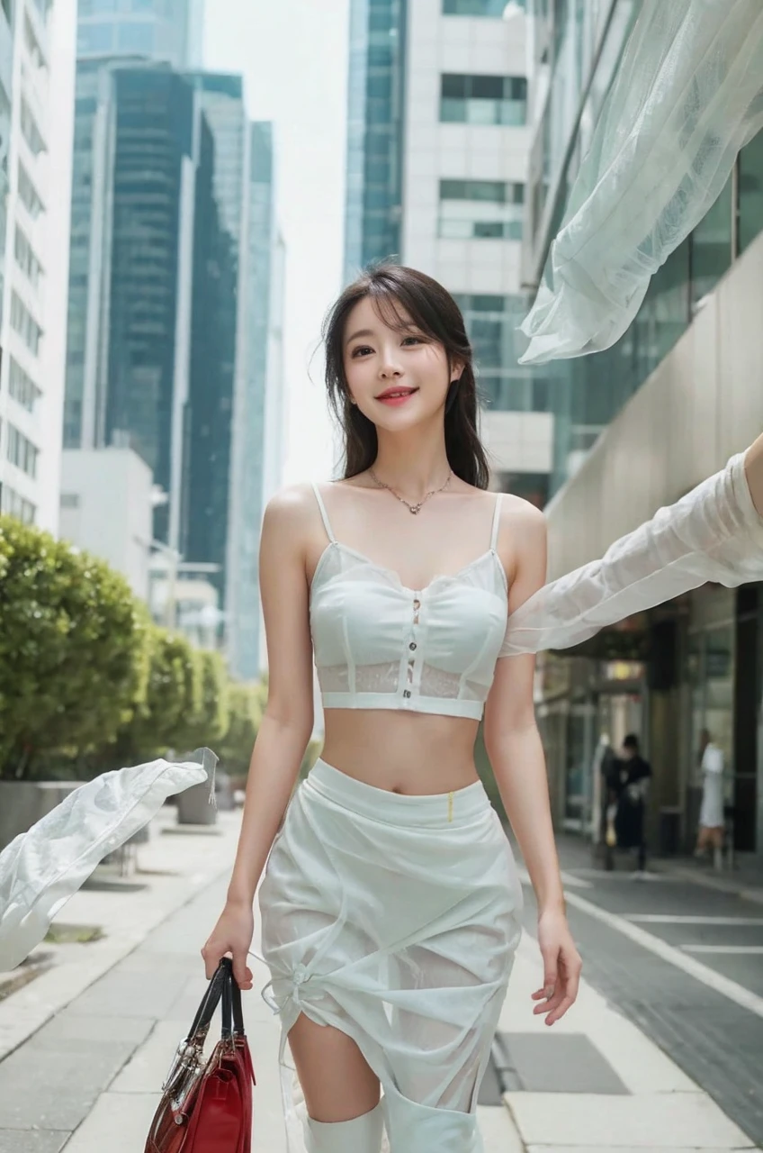 White dress with open chest、A slit that reveals underwear、Turning around from behind and smiling、Brush your hair up