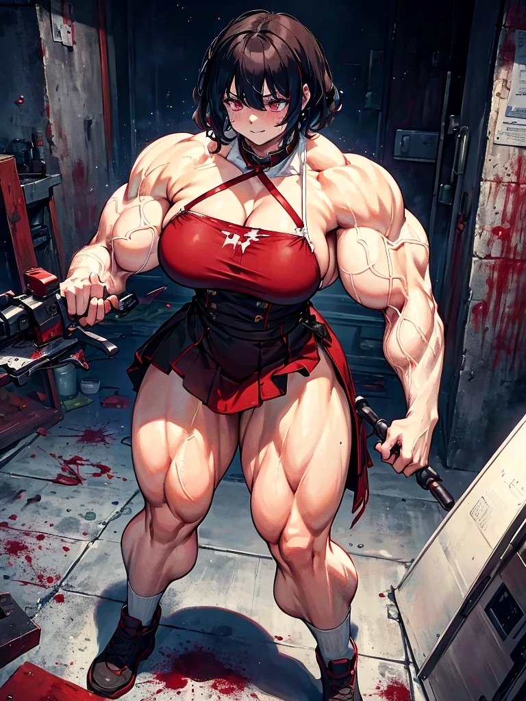 ((bloodstains)), ((respingos de bloodstains)), ((bloodstains nas roupas)), ((mancha de bloodstains)), hospital, (nurse uniform), (has an electric saw), (zombie's), absurderes, foto RAW, extremely delicate and beautiful, Masterpiece artwork, muscular woman, extremamente musculosa extremely large physique, extremely muscular legs, extremely muscular arms, extremely large physique, very muscular,best qualityer, ultra-high resolution, 32k, hyper realist, ultra-detailed, Detailed Description, skin fair, 20 year, crying mole, 耳环, Colossal, short medium hair, wavyhair, evil smile, full body shot,