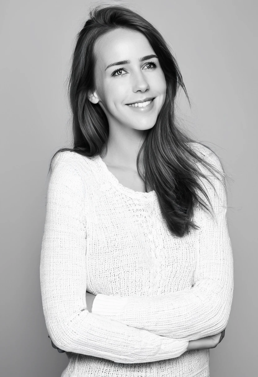  black and white  photoshoot of stefanie joosten posing in profile. Long straight hair falling freely. Her expression is joyful with a wide smile. The background is completely white, Her arms are crossed over her chest, creating a dynamic and expressive pose. The image conveys freedom, confidence, and joy.attletic,blue eyes, Brunette,1girl,stefaniejoosten