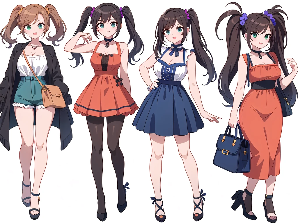 (((Best Quality))) , ((full body)), 4 lady, adult woman, multiple views, (((white background,))) variety of hairstyles, variety of fashion styles, seductive pose, fashionable and trendy atmosphere, holding bag, summer outfits, walk pose, dark blue/dark orange/dark green/dark violet/brown/white, short shorts, cleavage, frill,

