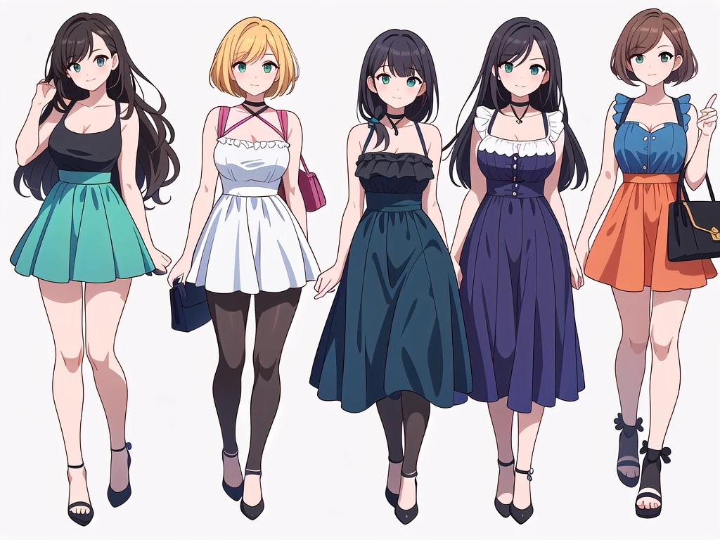 (((Best Quality))) , ((full body)), 4 lady, adult woman, multiple views, (((white background,))) variety of hairstyles, variety of fashion styles, seductive pose, fashionable and trendy atmosphere, holding bag, summer outfits, walk pose, dark blue/dark orange/dark green/dark violet/brown/white, short shorts, cleavage, frill,