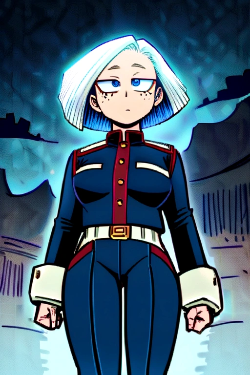 I want an oc from boku no hero academia, he has hip-length white hair, his eyes are slanted and large, bright blue. Her lips are delicate and there are freckles on her cheeks. He is wearing the UA uniform from Boku no hero academia and that is the drawing style of the image.