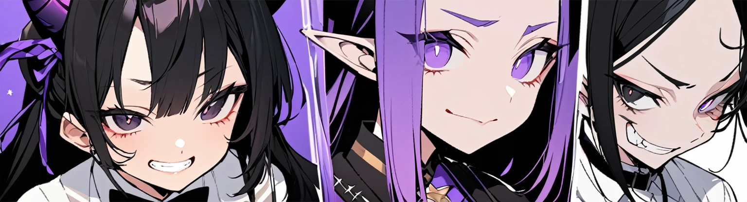 A girl with long black hair with straight bangs, with hair cut at the ends. Two large strands in the front, one bigger than the other. A rebel thread. A small white streak in your bangs. Two demon horns, one purple and one black, both with a dark purple star. one black eye and one purple eye. A purple star on your right cheek. black wide pants. All star shoe. Full white shirt with a bow tie with a star in the middle, with short sleeves. a big chest . Grinning. She is a star demon. She is standing looking at the camera. In one of his eyes a star in the black eye case, in the black eye and just black. Sex girl. Sex girl. One black eye and one purple eye