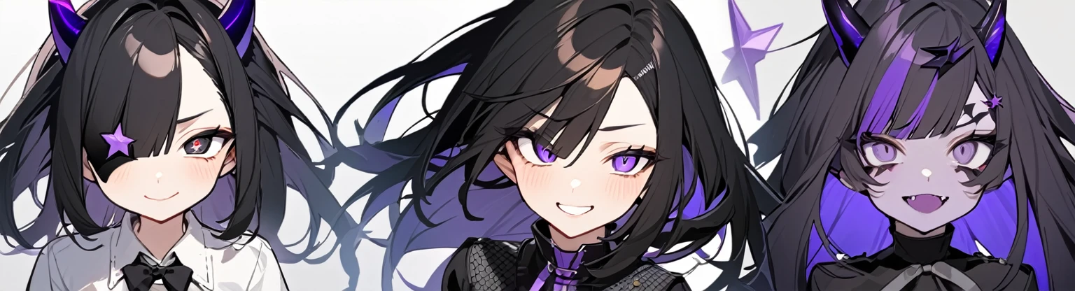 A girl with long black hair with straight bangs, with hair cut at the ends. Two large strands in the front, one bigger than the other. A rebel thread. A small white streak in your bangs. Two demon horns, one purple and one black, both with a dark purple star. one black eye and one purple eye. A purple star on your right cheek. black wide pants. All star shoe. Full white shirt with a bow tie with a star in the middle, with short sleeves. a big chest . Grinning. She is a star demon. She is standing looking at the camera. In one of his eyes a star in the black eye case, in the black eye and just black. Sex girl. Sex girl. One black eye and one purple eye