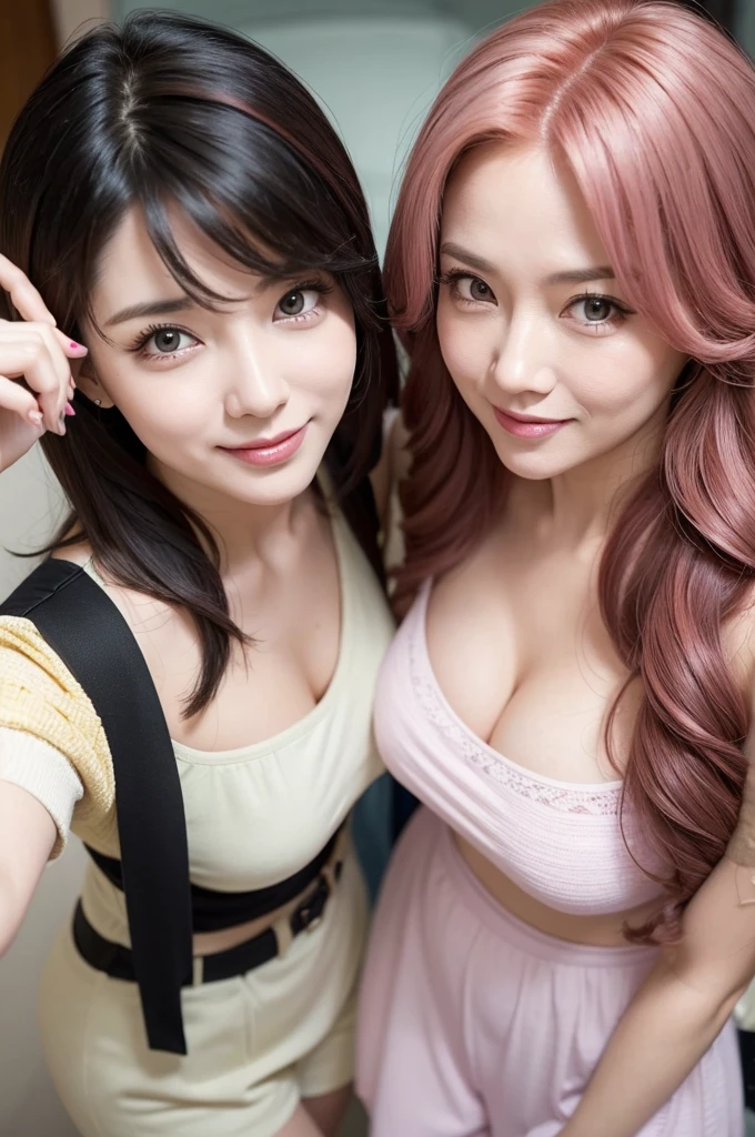 two sexy 40 years old women in babysitter outfits, various hair colors and hairstyles, flustered smiles, portrait, close up faces, view from above