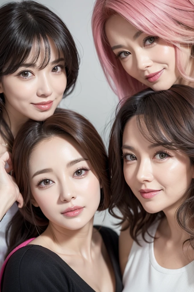 two sexy 40 years old women in babysitter outfits, various hair colors and hairstyles, flustered smiles, portrait, close up faces, view from above