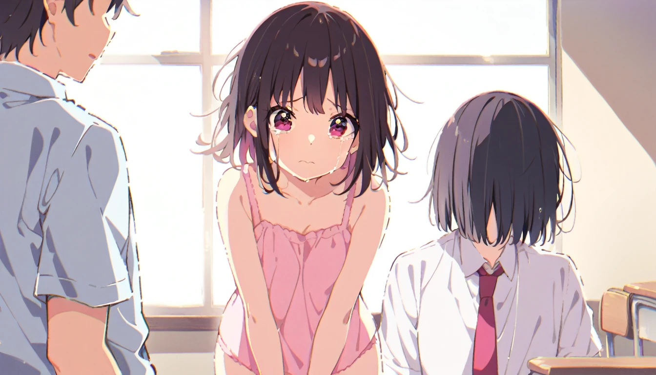 Crying girl with black bob hair、clear、Upper body 、Pink Pantimoment she was pushed down and raped by a nmiddle-agedwhole body、classroom、Shyness、resistance、fear