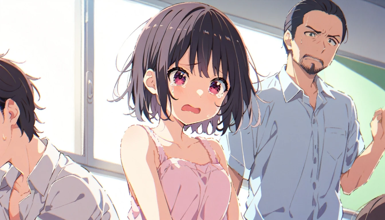 Crying girl with black bob hair、clear、Upper body naked、Pink Panties、The moment she was pushed down and raped by a naked middle-aged man、whole body、classroom、Shyness、resistance、fear