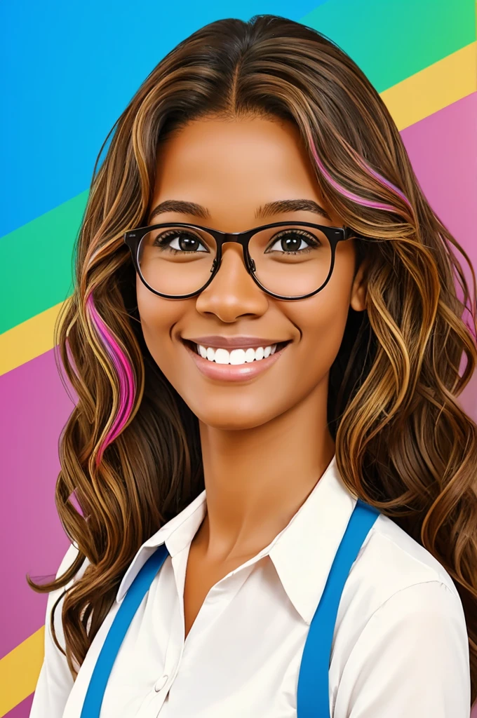 Animated drawing of a happy teacher, light brown skin, long wavy hair, with glasses, colorful background
