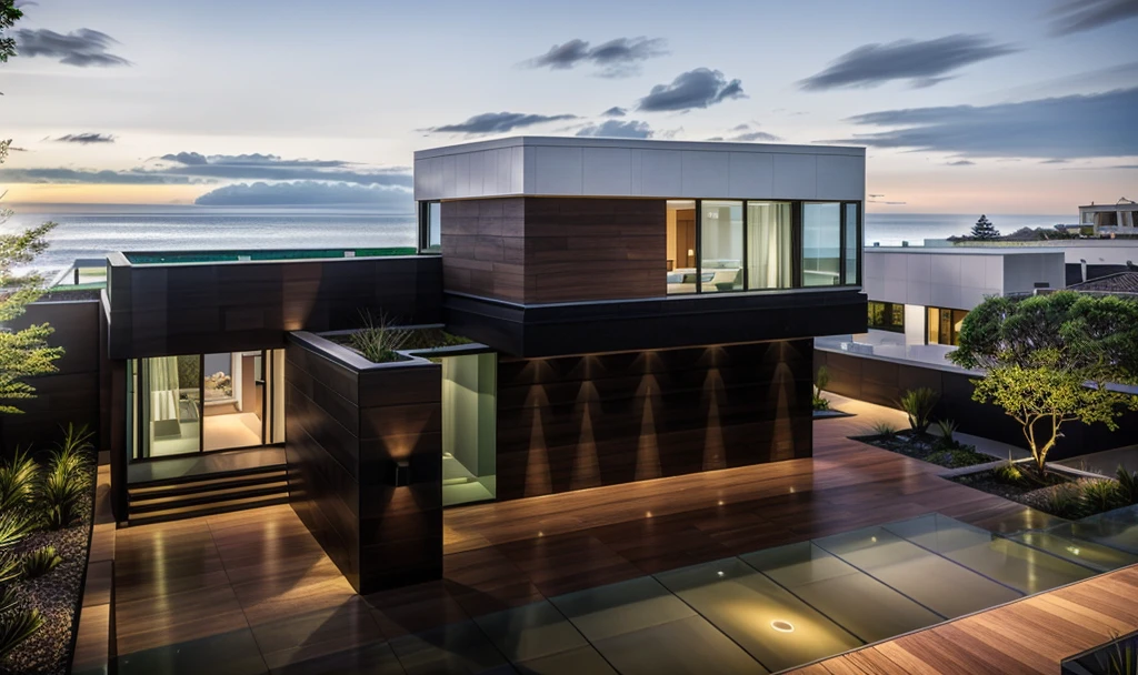 villa modern,Modern black house design, glass railing, Green garden around the house, Black Front, Modern architecture, All glass, Sunshine, Seaside Realistic, exterior, sunlight, house, RAW photo, 8k uhd, dslr,  (high detailed skin:1.3), soft lighting, ultra quality, film grain, Fujifilm XT3, sharp image, best quality, authentic, hight quality,