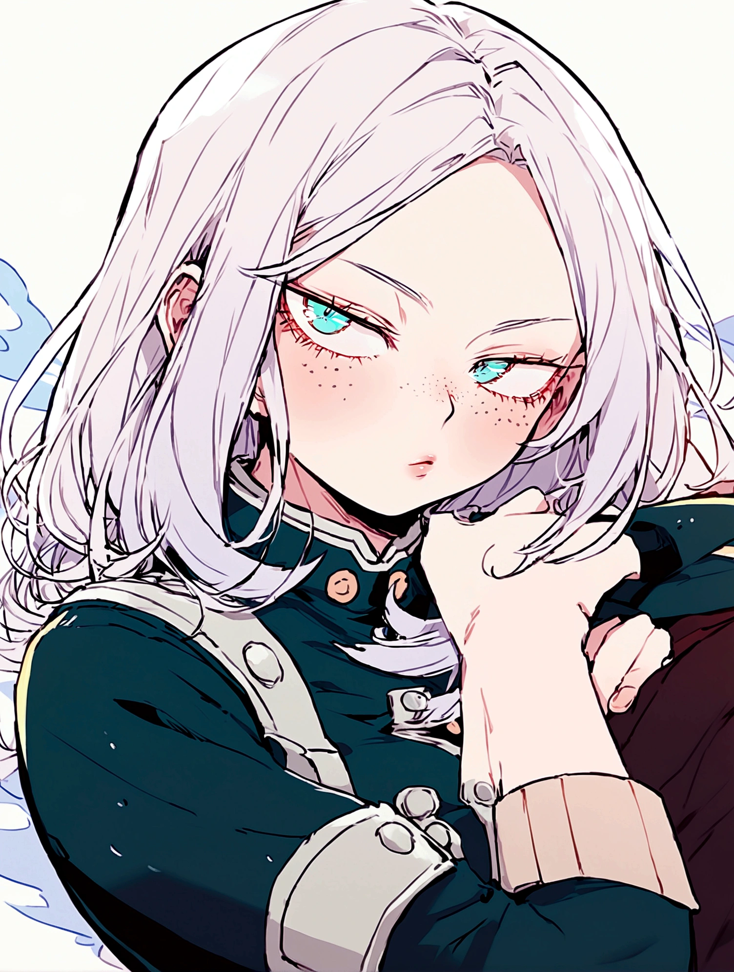I want an oc from boku no hero academia, he has hip-length white hair, his eyes are slanted and large, bright blue. Her lips are delicate and there are freckles on her cheeks. He is wearing the UA uniform from Boku no hero academia and that is the drawing style of the image.