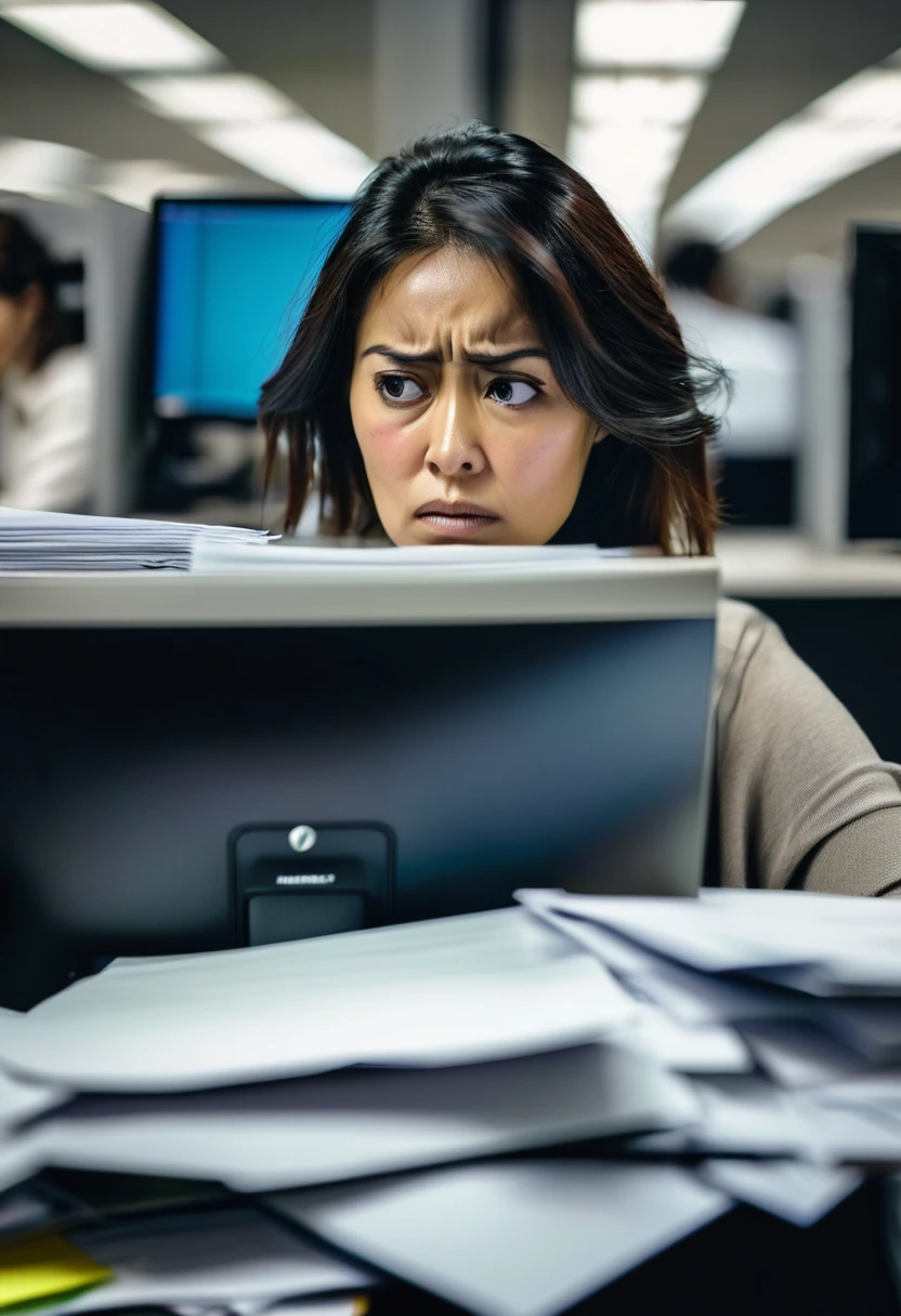 a woman, clearly looking tired, with dark circles under her eyes, in a crowded work environment with several cubicles, with lots of papers in the background looking at the computer, clearly unhappy