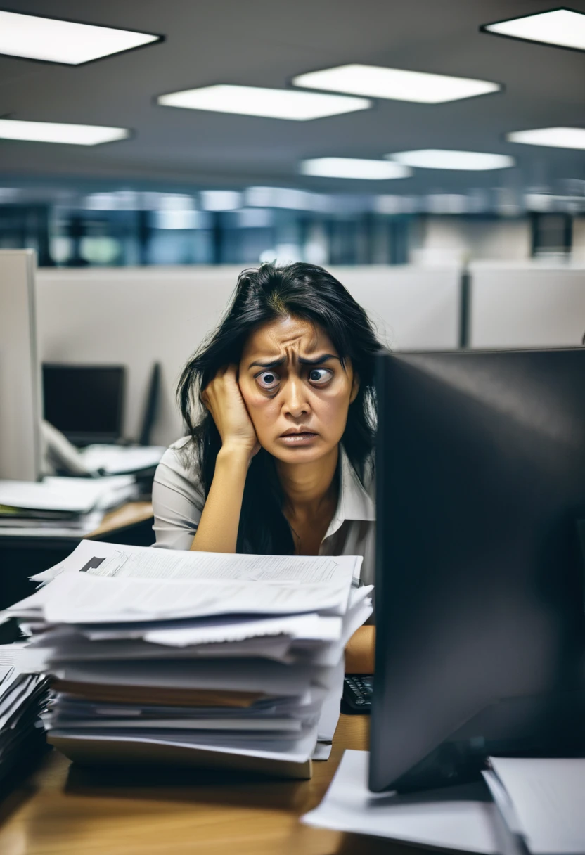 a woman, clearly looking tired, with dark circles under her eyes, in a crowded work environment with several cubicles, with lots of papers in the background looking at the computer, clearly unhappy