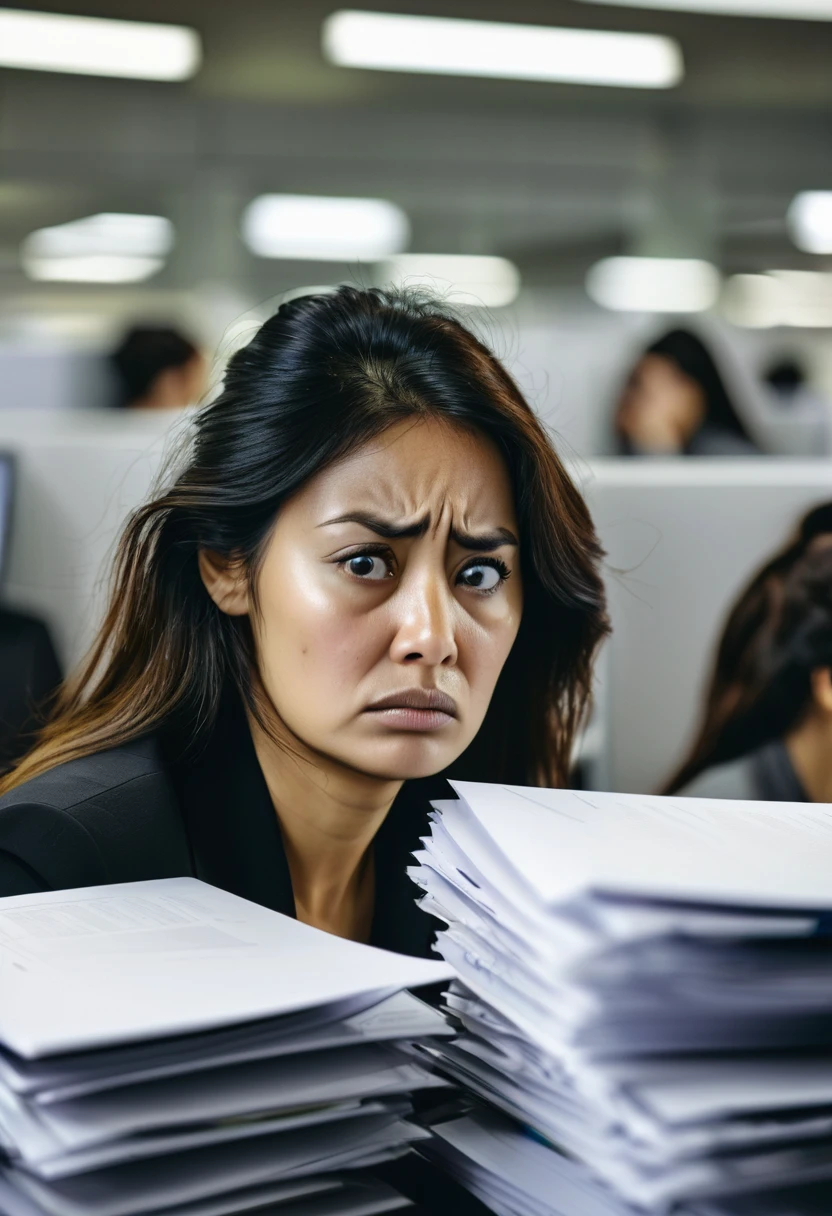 a woman, clearly looking tired, with dark circles under her eyes, in a crowded work environment with several cubicles, with lots of papers in the background looking at the computer, clearly unhappy