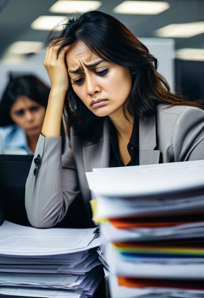 a woman, clearly looking tired, with dark circles under her eyes, in a crowded work environment with several cubicles, with lots of papers in the background looking at the computer, clearly unhappy
