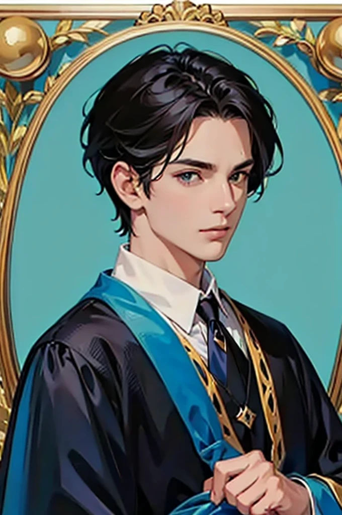 nobility, short black hair, velvet blue robes, closeup portrait