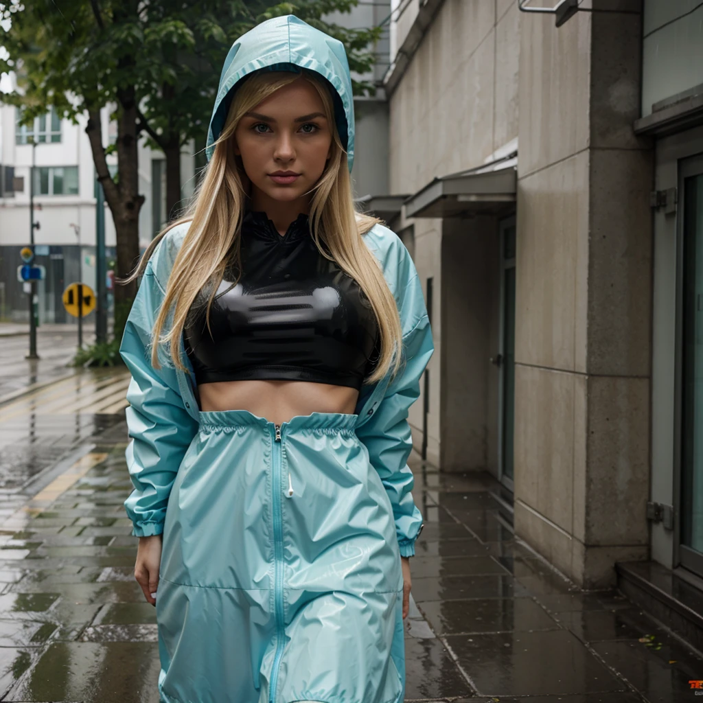 Sporty blonde Russian woman with large breasts in rainwear