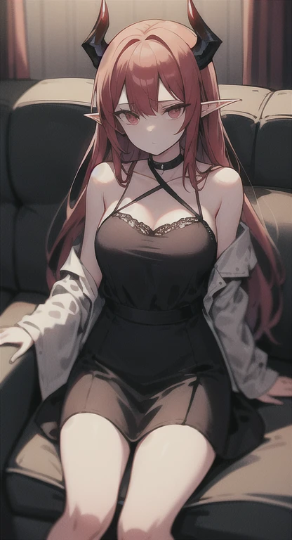 Hell fortress life, Old world, demon Elf Queen, red hair, nightgown, sofa, lounging, looking tired, dim light,