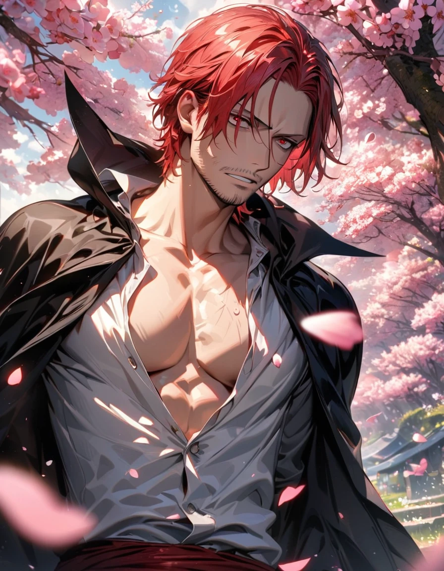 absurdres, highres, ultra detailed, HDR, masterpiece, extremely detailed face and eyes, Shanks, red hair, expressive red eyes, One Piece, solo, man, handsome, black cape, white shirt, showing the chest, blossoms, spring, pink butterflies, pink petals, pink flowers