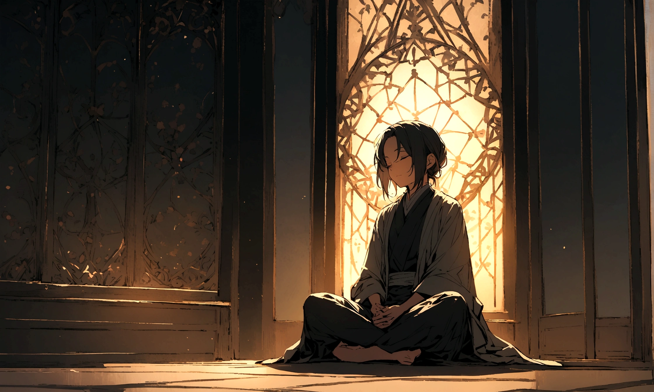 The protagonist sits cross-legged on the floor, eyes closed, meditating. The room is quiet and dimly lit, creating a serene atmosphere.