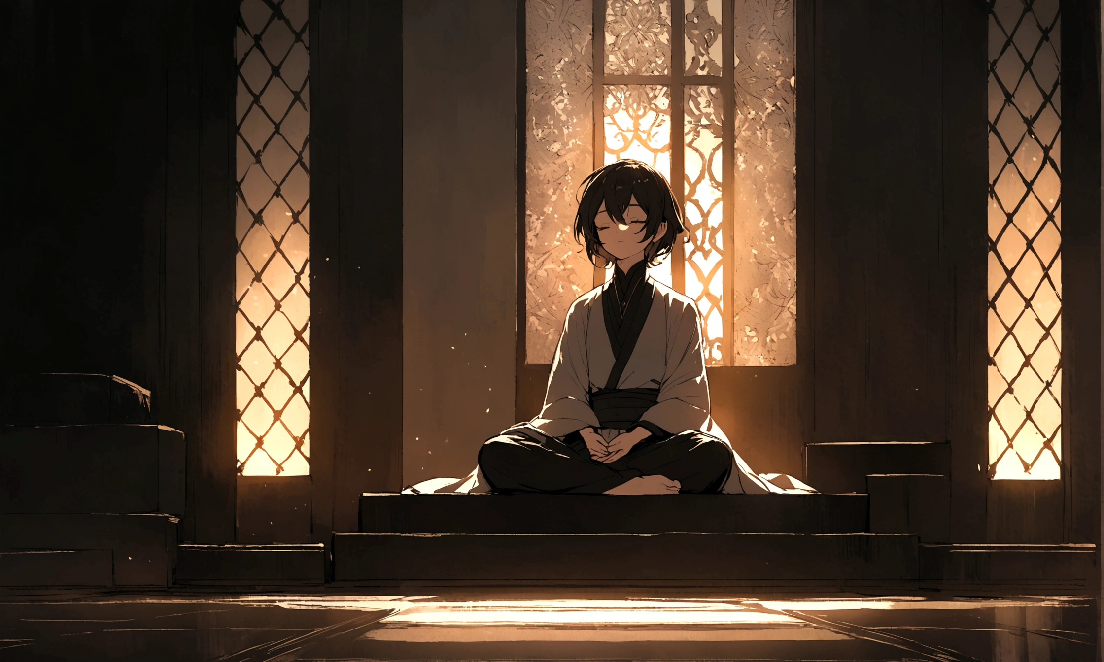 The protagonist sits cross-legged on the floor, eyes closed, meditating. The room is quiet and dimly lit, creating a serene atmosphere.