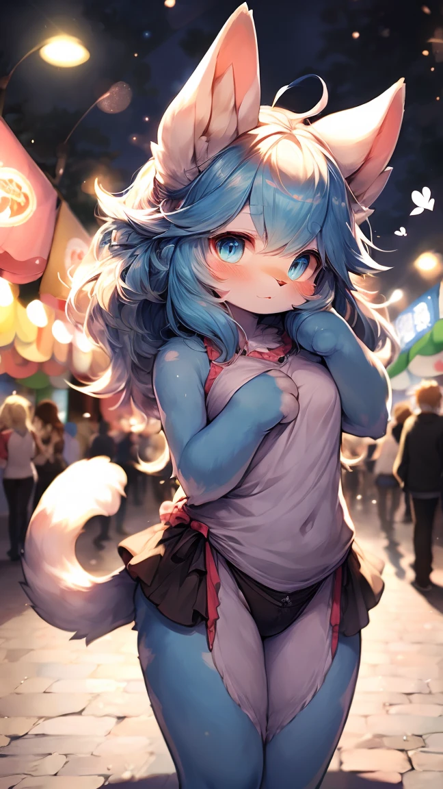  Extremely detailed, beautiful, Fair, masterpiece, best quality, Calming color palette, Peace of mind,White，White绒毛，Fluffy white ears and tail，blush blush，HD Wallpapers，16k resolution, Powerful blue eyes，hairy尾巴，Pink cat ears，Plush body，paw,hairy,浑身hairy，Long legs，blush，White迷你裙，White毛发，look up