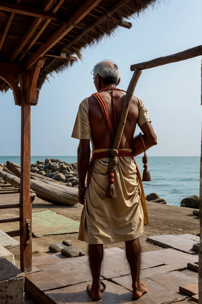 Back view of an old Indian priest carrying a wooden doll from the sea around his neck