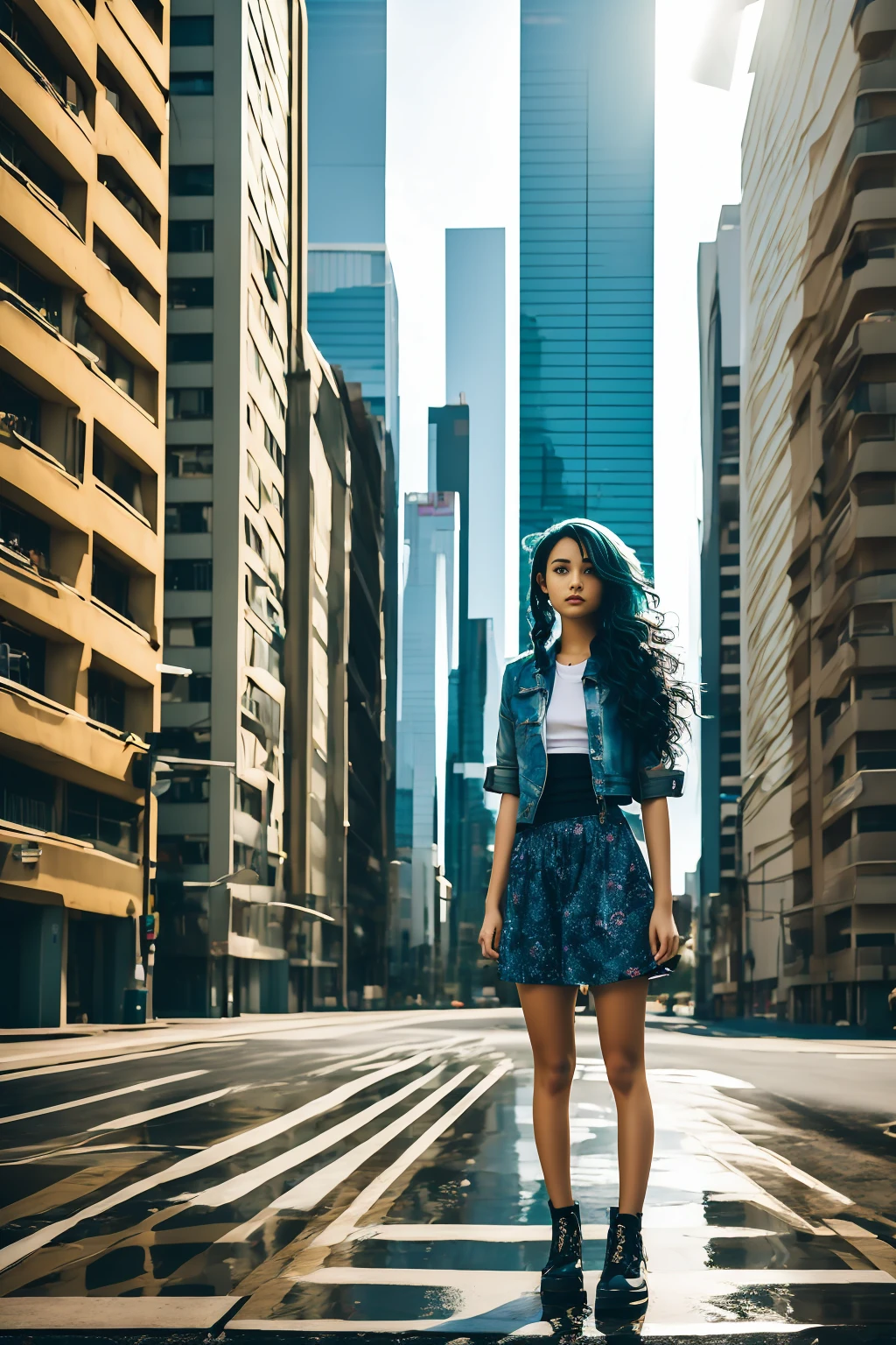 ((work of art, best qualityer)) Personagem 3 Fuuka, 1 girl, standing alone, water hair, shorth hair, big city 90s background, 90s clothes