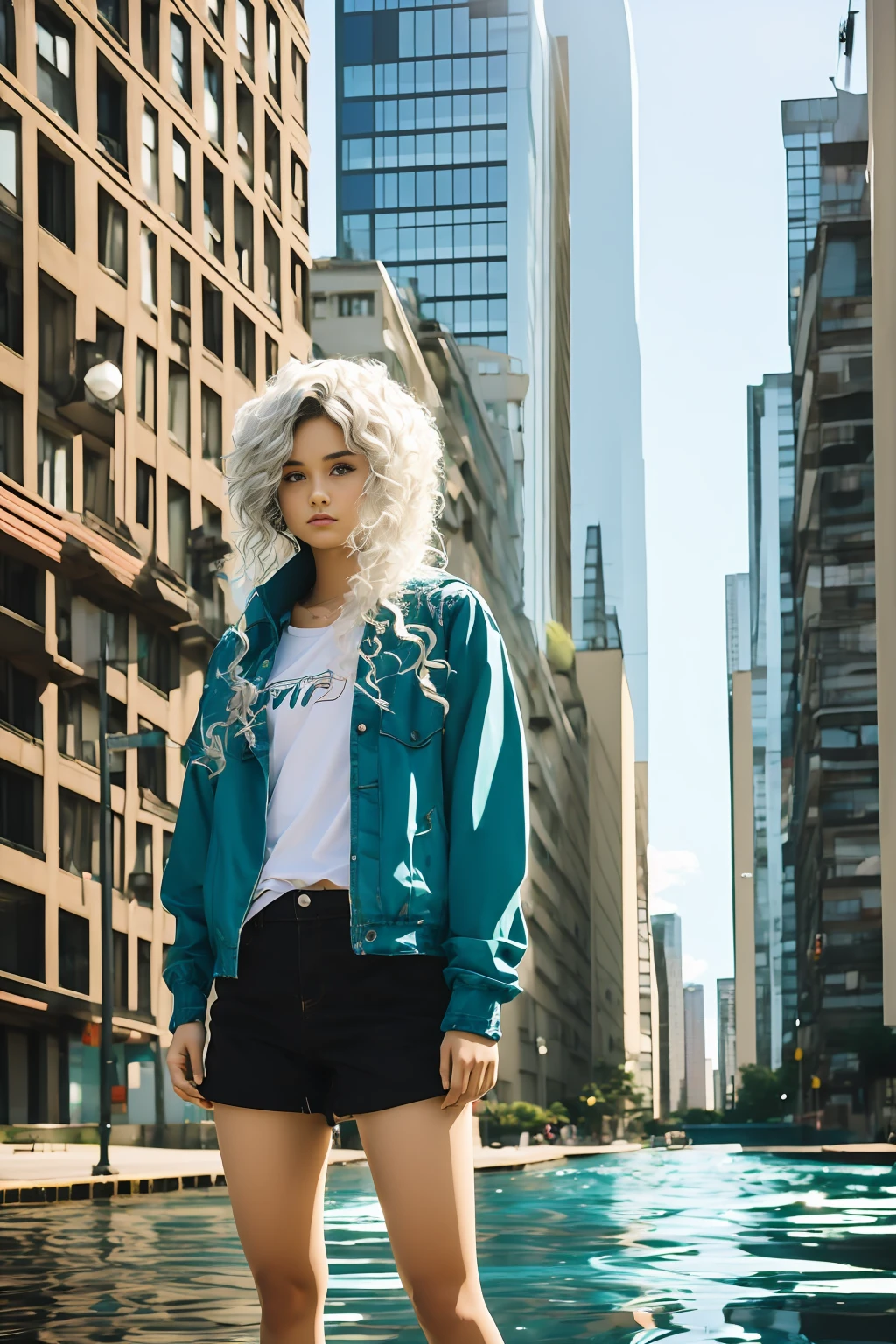 ((work of art, best qualityer)) Personagem 3 Fuuka, 1 girl, standing alone, water hair, shorth hair, big city 90s background, 90s clothes