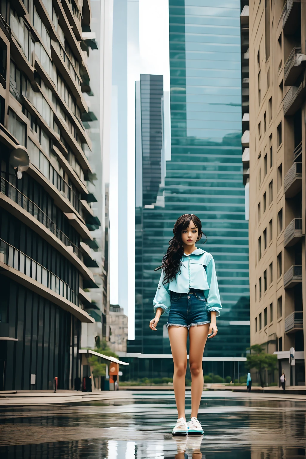 ((work of art, best qualityer)) Personagem 3 Fuuka, 1 girl, standing alone, water hair, shorth hair, big city 90s background, 90s clothes