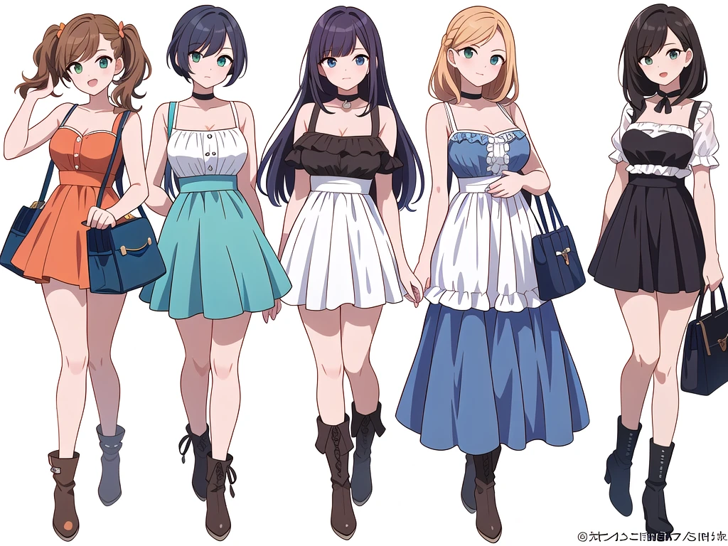 (((Best Quality))) , ((full body)), 4 lady, adult woman, multiple views, (((white background,))) variety of hairstyles, variety of fashion styles, seductive pose, fashionable and trendy atmosphere, holding bag, summer outfits, walk pose, dark blue/dark orange/dark green/dark violet/brown/white, short shorts, cleavage, frill, boots,