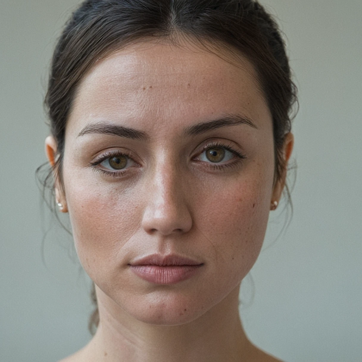 (Texture de la peau, pores, imperfections), Super high res portrait photo oF a woman wearing no makeup, porter un fin tour de cou en cuir,F /2.8, canon, 85mm,cinématique, haute qualité, Texture de la peau, En regardant la caméra, skin imperFections,