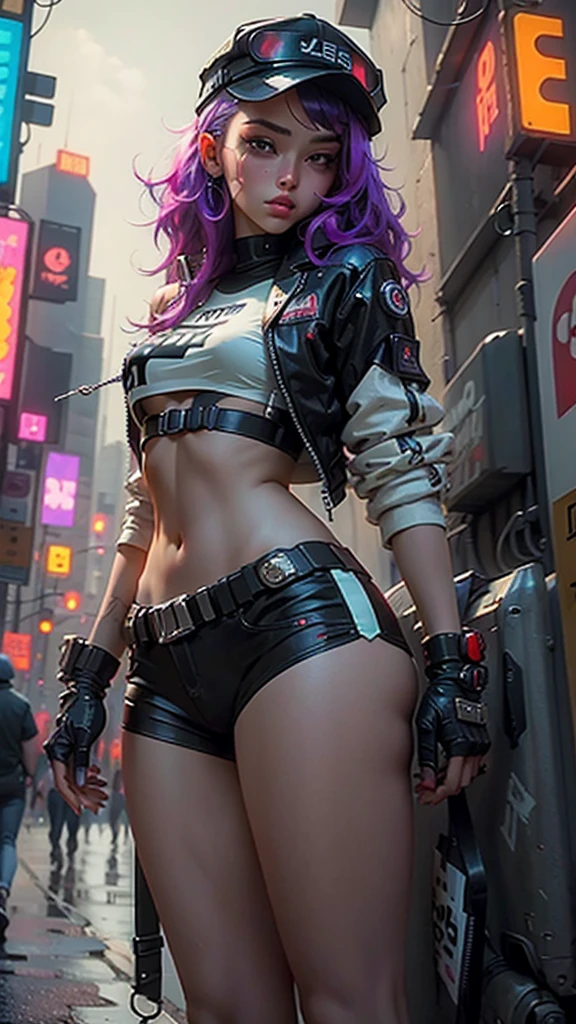 Beautiful woman medium hair, wearing cap, cyberpunk style short clothes