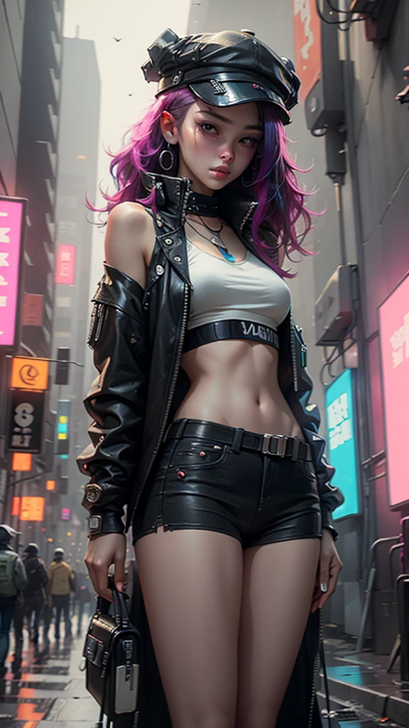 Beautiful woman medium hair, wearing cap, cyberpunk style short clothes