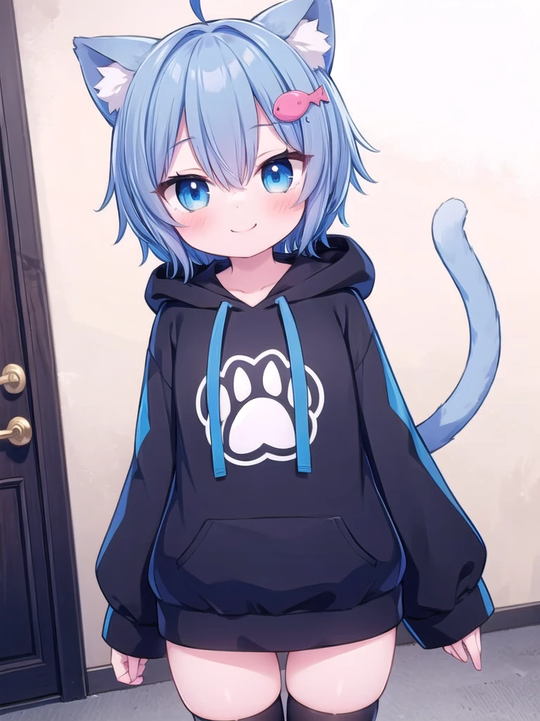 1girl, masterpiece, best quality, perfect hands, blue hair, short hair, ahoge, blue eyes, animal ears, animal ear fluff, tail, cat ears, cat tail, cat girl, hair ornament, fish hair ornament, black thighhighs, long sleeves, sleeves past wrists, smile, blush, VRC Rusk, black hoodie, white cat paw printing