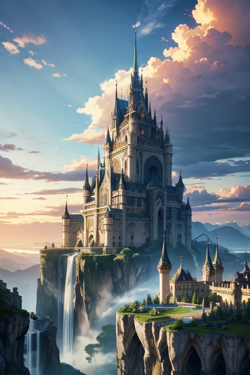 Huge castles and skyscrapers floating in the sky Cyberpunk Isekai Fantasy Top Quality Ultra High Definition Utopia 8K Giant Waterfall Mother Nature
